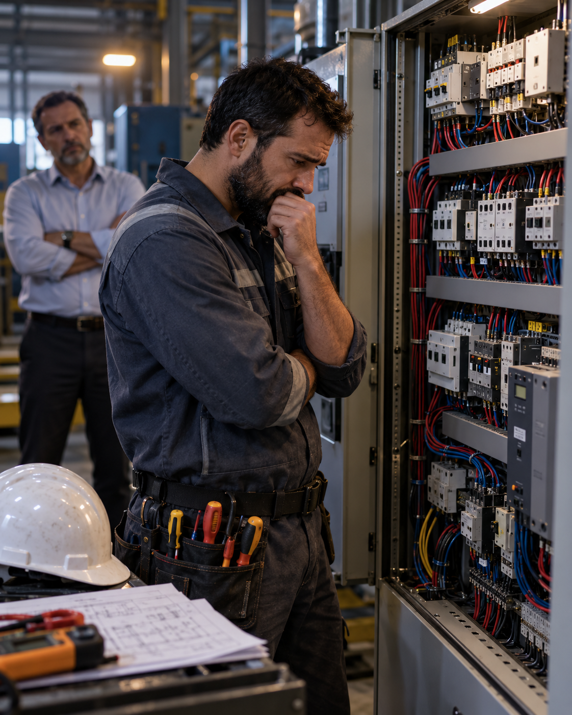 Électricien pensif analysant une armoire électrique